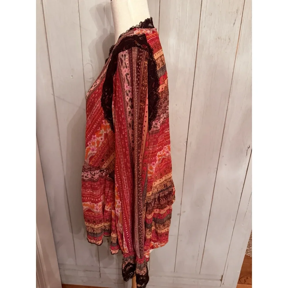 Free People Natalie Boho Printed Long Sleeve Top in Plum Red Lace‎ Black Sm